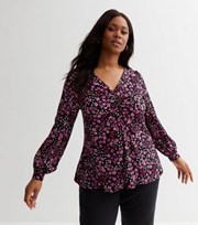 New Look Curves Black Ditsy Floral Ruched Front Puff Sleeve Top